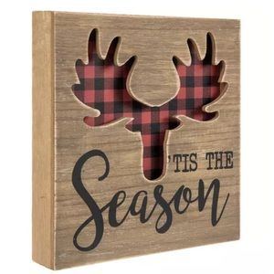 Tis The Season Moose Wood Wall Decor Red & Black Buffalo Check NWT